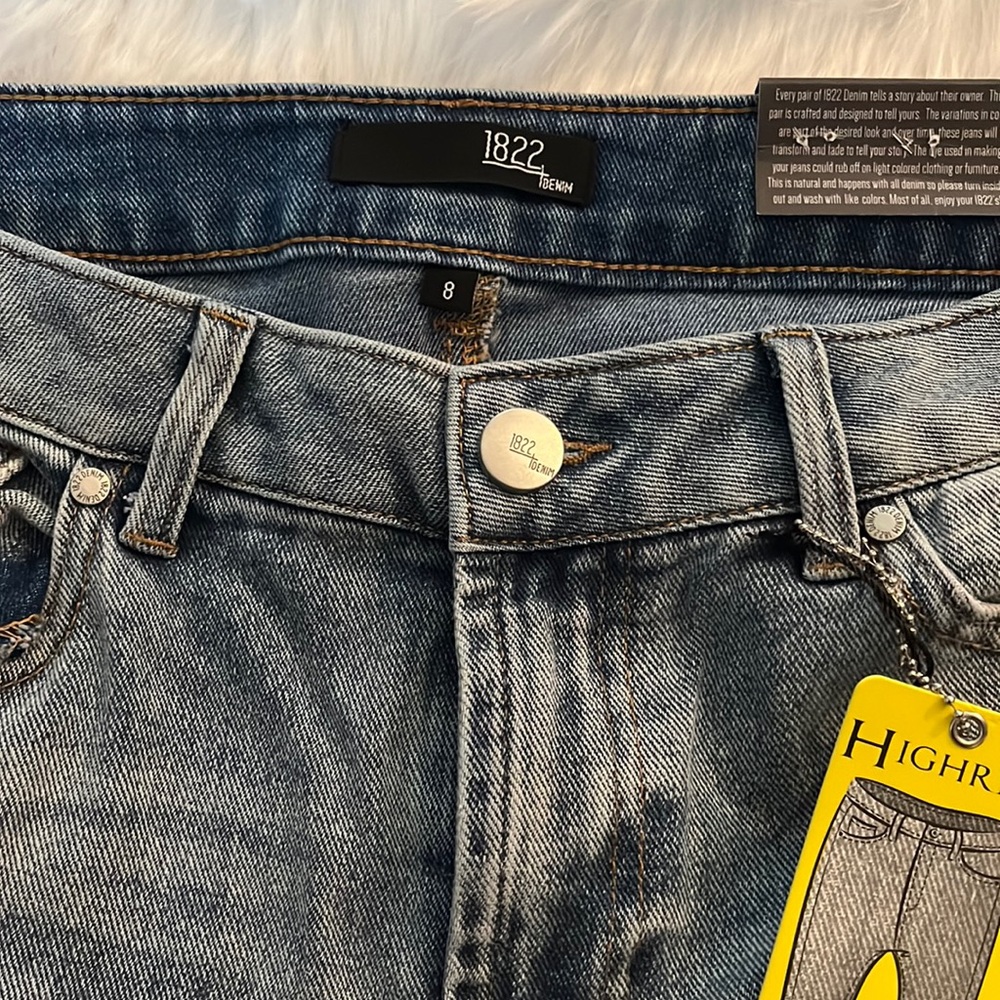 Medium blue, high rise jeans.